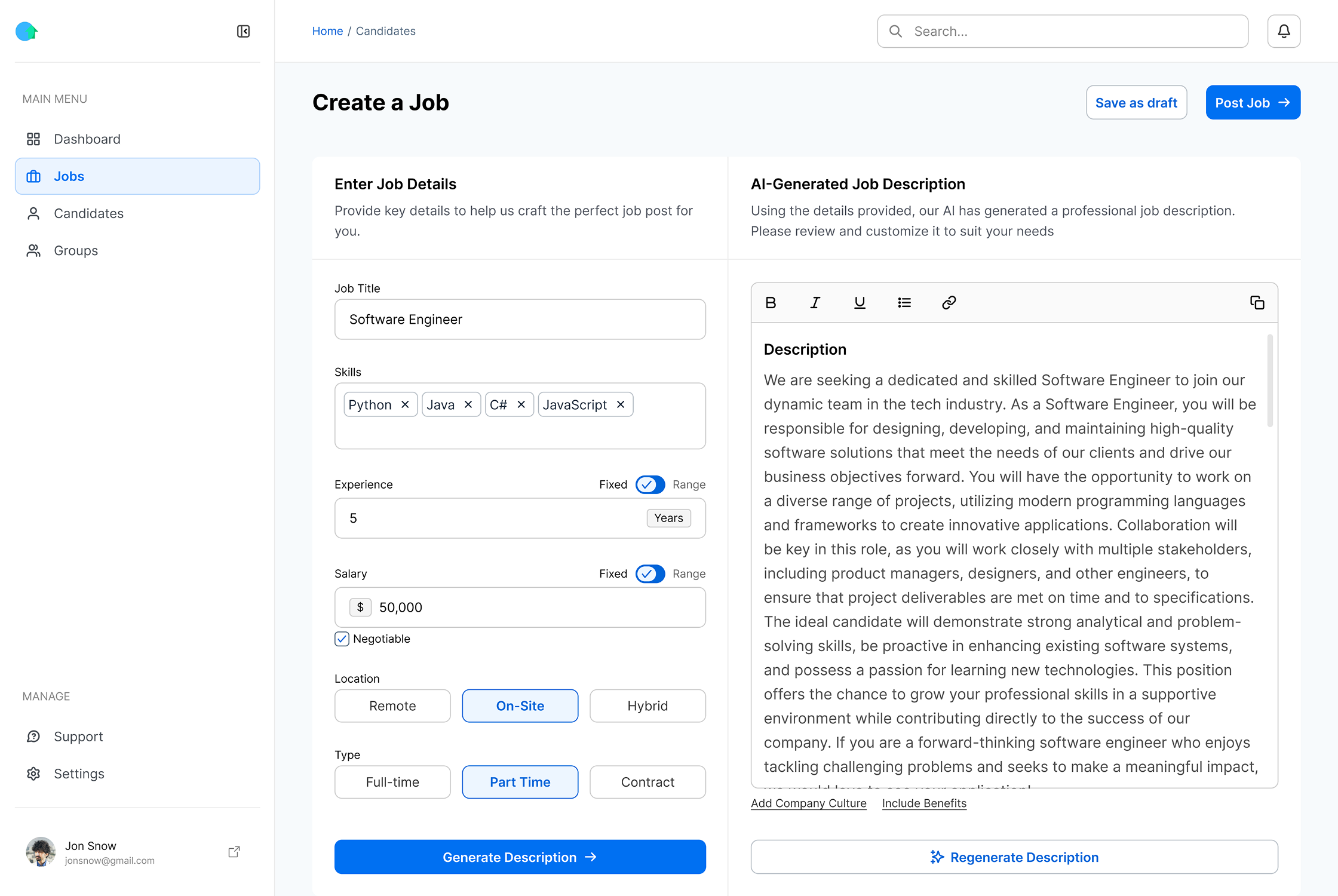 Create Job Interface